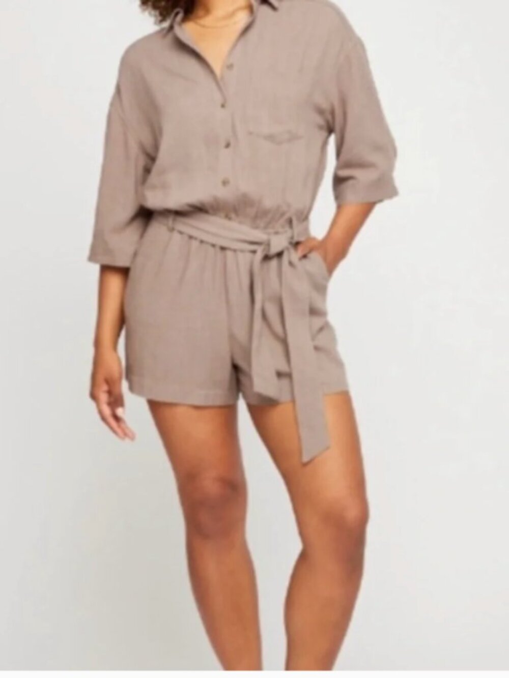 Gentle Fawn Charlotte Linen Blend Shorts Romper jumpsuit Small Sparrow Brown.